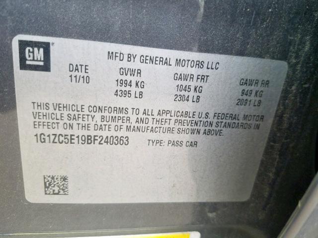 1G1ZC5E19BF240363 - 2011 CHEVROLET MALIBU 1LT 灰色 照片 10