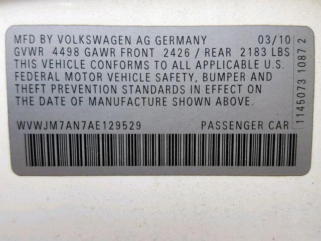 WVWJM7AN7AE129529 - 2010 VOLKSWAGEN PASSAT KOM WHITE photo 10