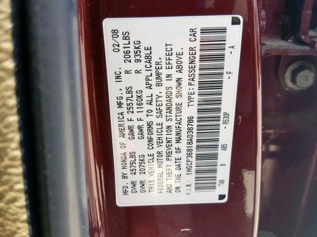 1HGCP36818A038786 - 2008 HONDA ACCORD EXL BURGUNDY photo 10