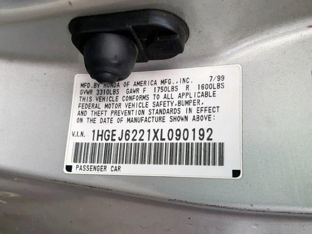 1HGEJ6221XL090192 - 1999 HONDA CIVIC DX SILVER photo 10