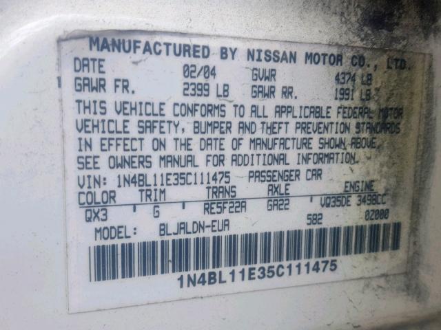 1N4BL11E35C111475 - 2005 NISSAN ALTIMA SE WHITE photo 10