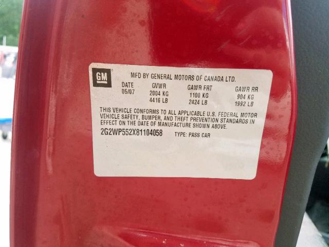2G2WP552X81104058 - 2008 PONTIAC GRAND PRIX Бордовый фото 10