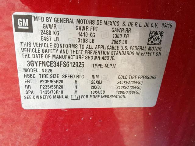 3GYFNCE34FS612925 - 2015 CADILLAC SRX PERFOR 红色 照片 10