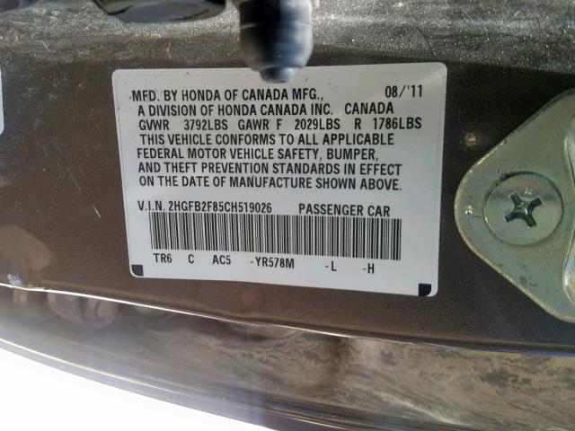 2HGFB2F85CH519026 - 2012 HONDA CIVIC EX GOLD photo 10