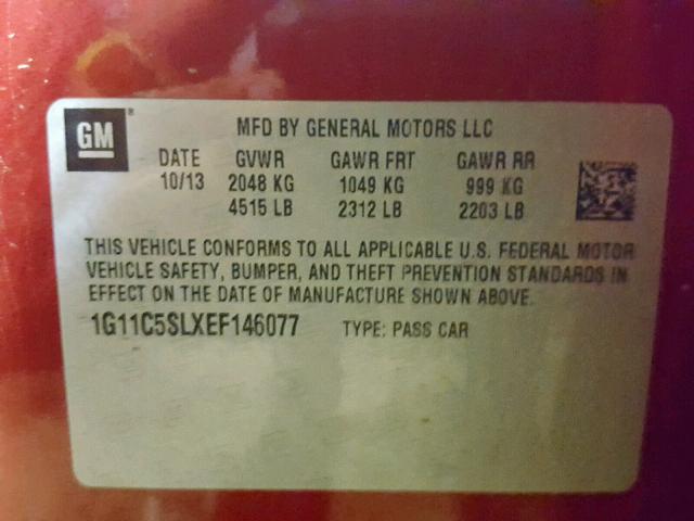 1G11C5SLXEF146077 - 2014 CHEVROLET MALIBU 1LT RED photo 10