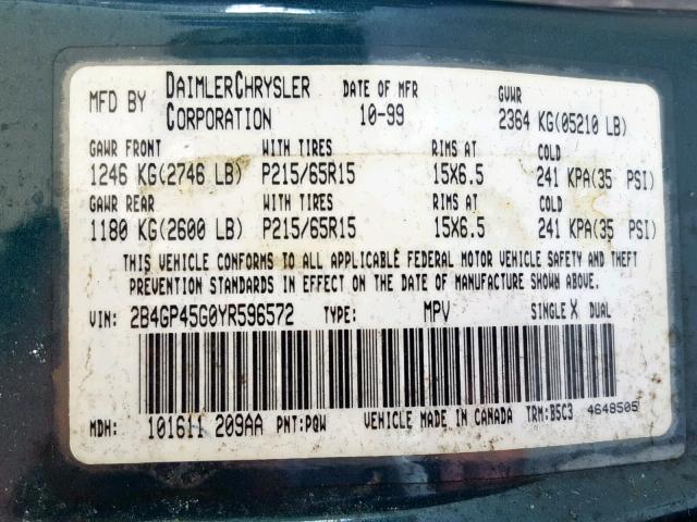 2B4GP45G0YR596572 - 2000 DODGE CARAVAN SE GREEN photo 10