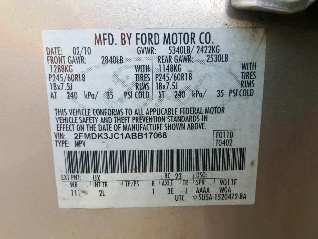 2FMDK3JC1ABB17068 - 2010 FORD EDGE SEL SILVER photo 10