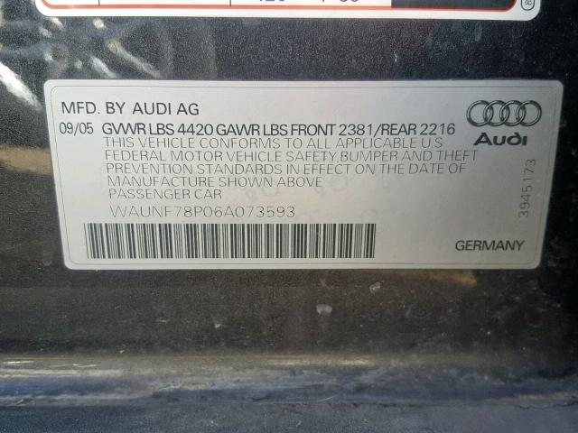 WAUNF78P06A073593 - 2006 AUDI A3 2.0 PRE CHARCOAL photo 10