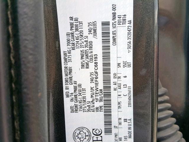 1FTEW1EF6GFC68193 - 2016 FORD F150 SUPER BLACK photo 10