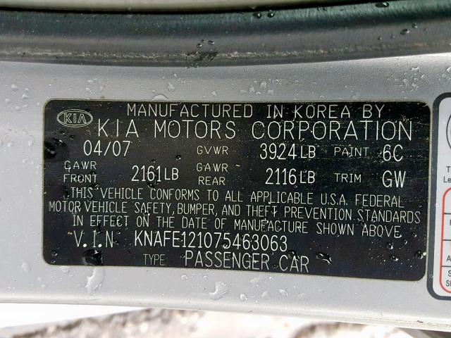 KNAFE121075463063 - 2007 KIA SPECTRA EX SILVER photo 10