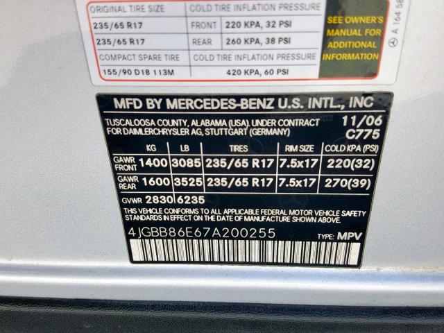 4JGBB86E67A200255 - 2007 MERCEDES-BENZ ML 350 SILVER photo 10