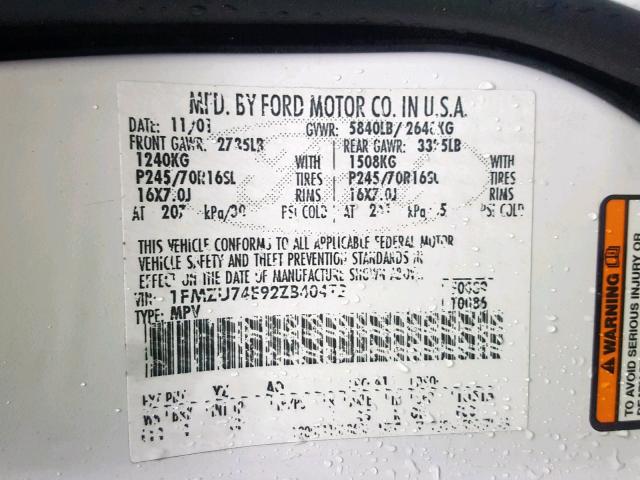 1FMZU74E92ZB40472 - 2002 FORD EXPLORER E WHITE photo 10