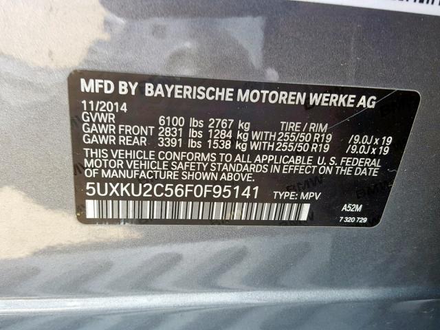 5UXKU2C56F0F95141 - 2015 BMW X6 XDRIVE3 GRAY photo 10