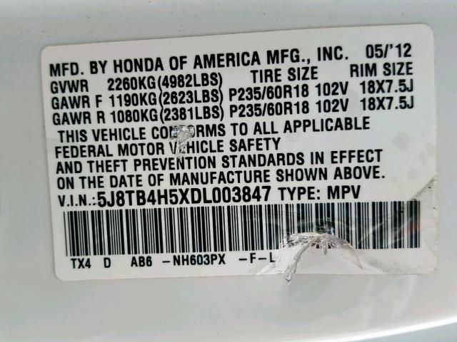 5J8TB4H5XDL003847 - 2013 ACURA RDX TECHNO WHITE photo 10