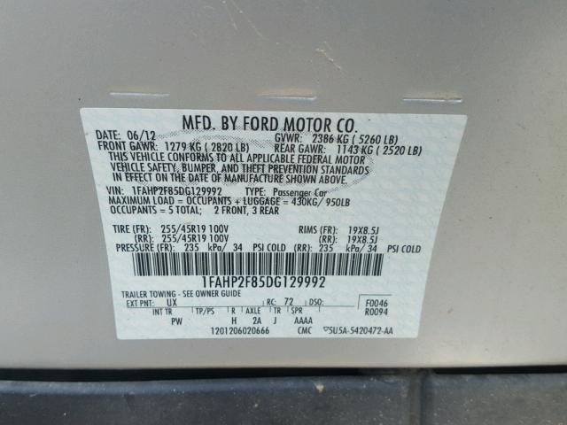 1FAHP2F85DG129992 - 2013 FORD TAURUS LIM SILVER photo 10