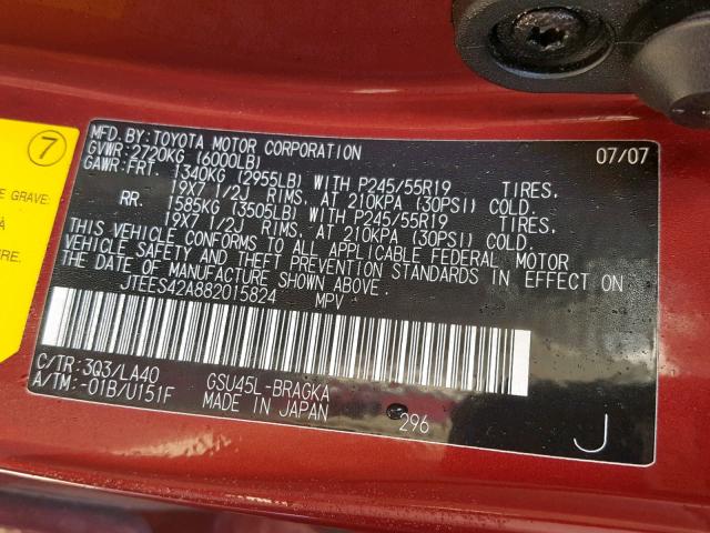 JTEES42A882015824 - 2008 TOYOTA HIGHLANDER RED photo 10