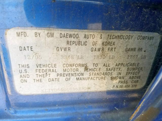 KL1TD56666B623301 - 2006 CHEVROLET AVEO BASE Mavi foto 10