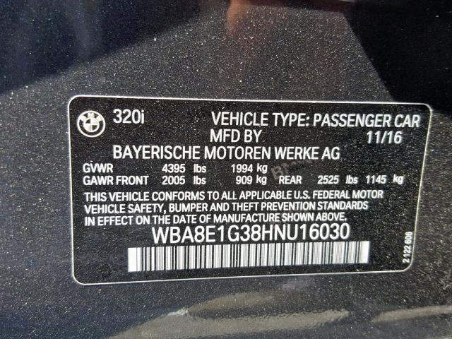 WBA8E1G38HNU16030 - 2017 BMW 320 I CHARCOAL photo 10