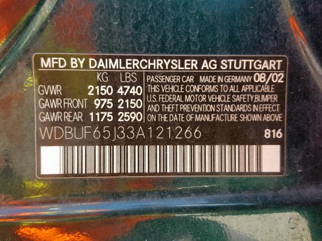 WDBUF65J33A121266 - 2003 MERCEDES-BENZ E 320 GREEN photo 10