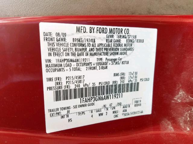 1FAHP3GN6AW119211 - 2010 FORD FOCUS SES RED photo 10