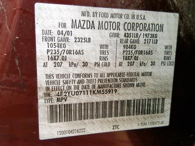 4F2YU07111KM55919 - 2001 MAZDA TRIBUTE DX 栗色 照片 10