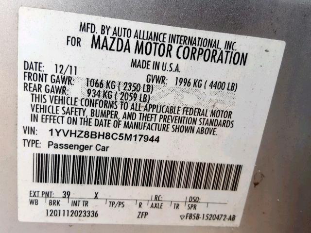 1YVHZ8BH8C5M17944 - 2012 MAZDA 6 I SILVER photo 10