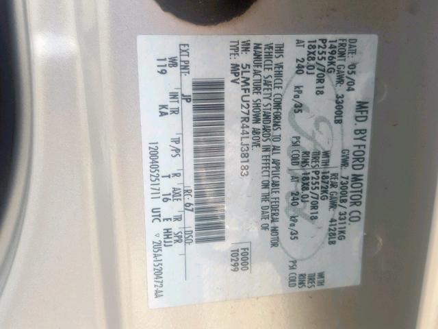 5LMFU27R44LJ38183 - 2004 LINCOLN NAVIGATOR ვერცხლისფერი ფოტო 10