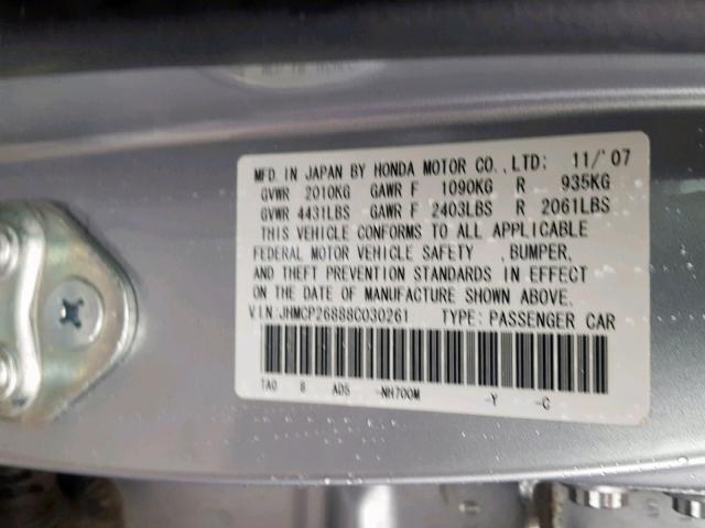 JHMCP26888C030261 - 2008 HONDA ACCORD EXL SILVER photo 10