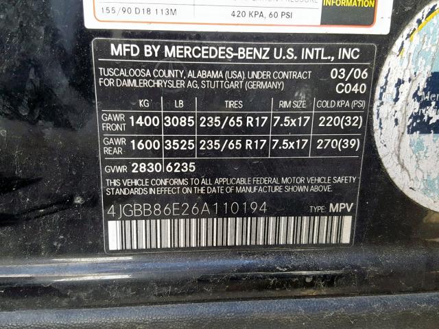 4JGBB86E26A110194 - 2006 MERCEDES-BENZ ML 350 BLACK photo 10