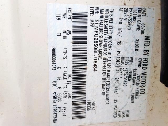 5LMFU28508LJ15484 - 2008 LINCOLN NAVIGATOR أبيض صورة 10