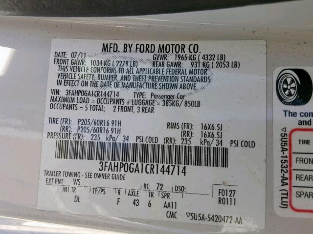 3FAHP0GA1CR144714 - 2012 FORD FUSION S WHITE photo 10