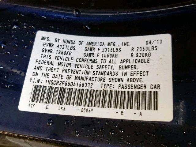 1HGCR2F85DA158332 - 2013 HONDA ACCORD EXL BLUE photo 10