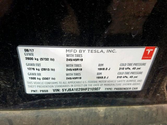 5YJSA1E29HF210907 - 2017 TESLA MODEL S أسود صورة 10