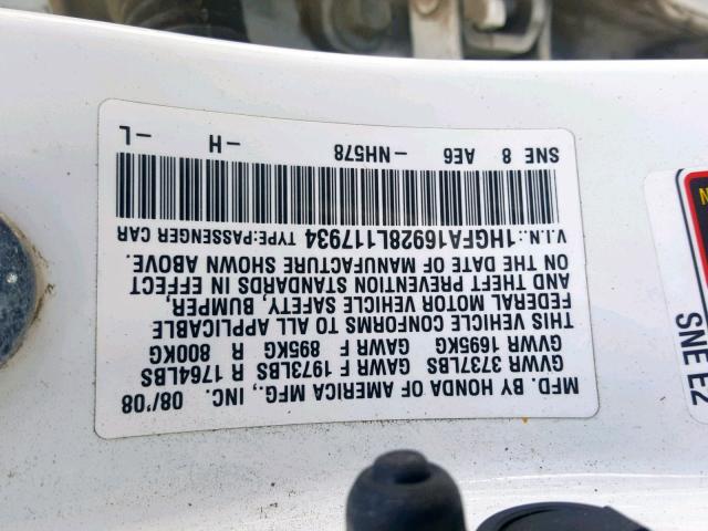 1HGFA16928L117934 - 2008 HONDA CIVIC EXL 白色 照片 10