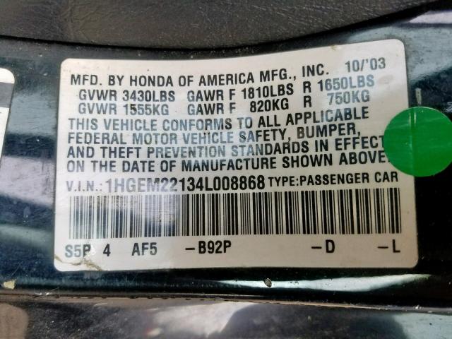 1HGEM22134L008868 - 2004 HONDA CIVIC DX V BLACK photo 10