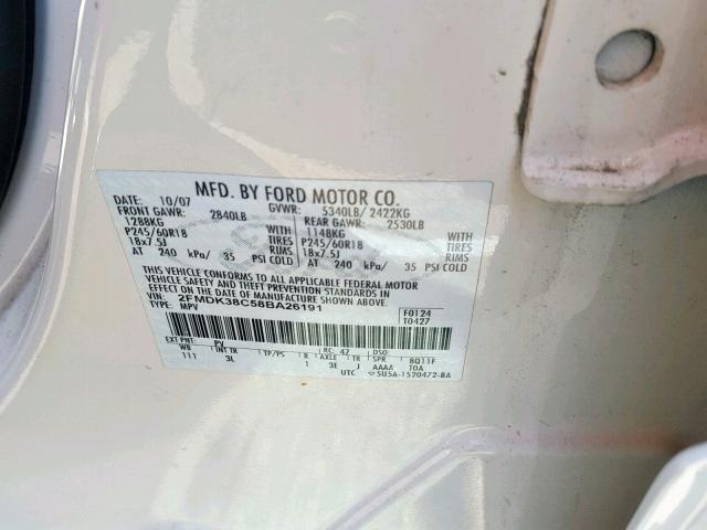 2FMDK38C58BA26191 - 2008 FORD EDGE SEL WHITE photo 10