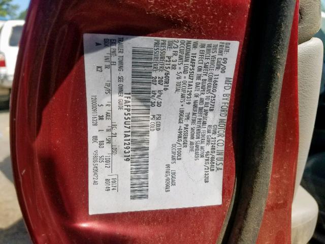 1FAFP55U71A129319 - 2001 FORD TAURUS SES RED photo 10