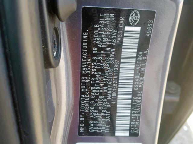 4T1BK1EB2EU113897 - 2014 TOYOTA AVALON BAS GRAY photo 10