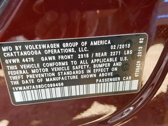 1VWAH7A38DC099456 - 2013 VOLKSWAGEN PASSAT S MAROON photo 10