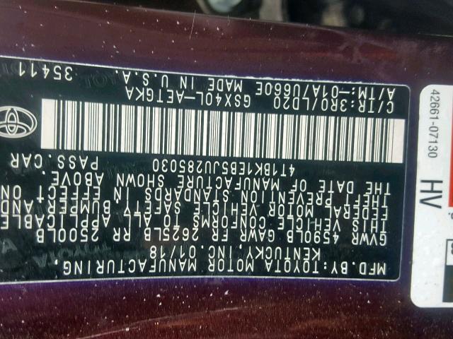 4T1BK1EB5JU285030 - 2018 TOYOTA AVALON XLE BURGUNDY photo 10