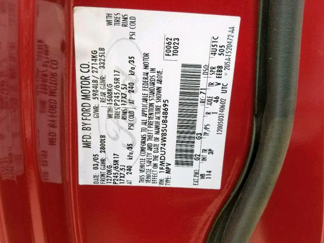 1FMDU74W85UB48695 - 2005 FORD EXPLORER E RED photo 10