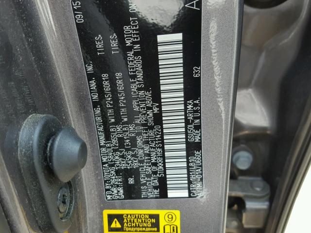 5TDKKRFH9FS114220 - 2015 TOYOTA HIGHLANDER GRAY photo 10