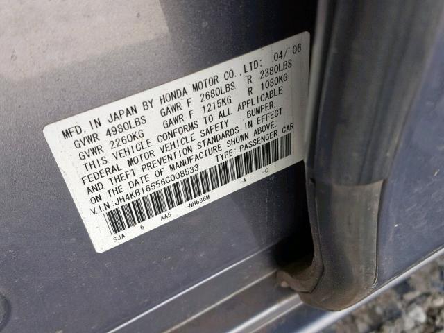 JH4KB16556C008533 - 2006 ACURA RL GRAY photo 10