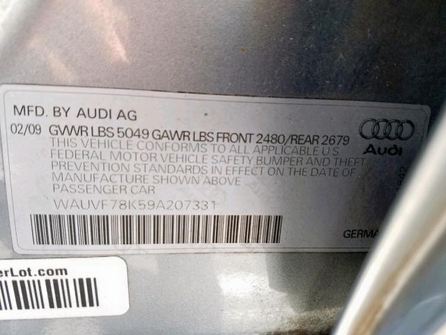 WAUVF78K59A207331 - 2009 AUDI A4 2.0T AV GRAY photo 10