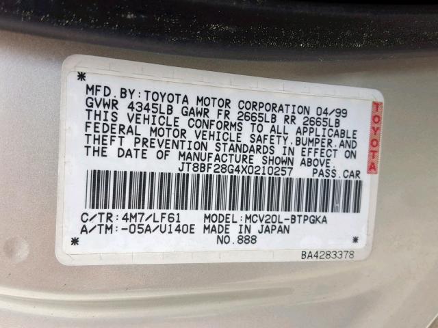 JT8BF28G4X0210257 - 1999 LEXUS ES 300 TAN photo 10