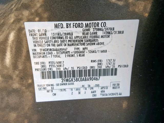 2FMGK5BC0ABA90467 - 2010 FORD FLEX SE GRAY photo 10