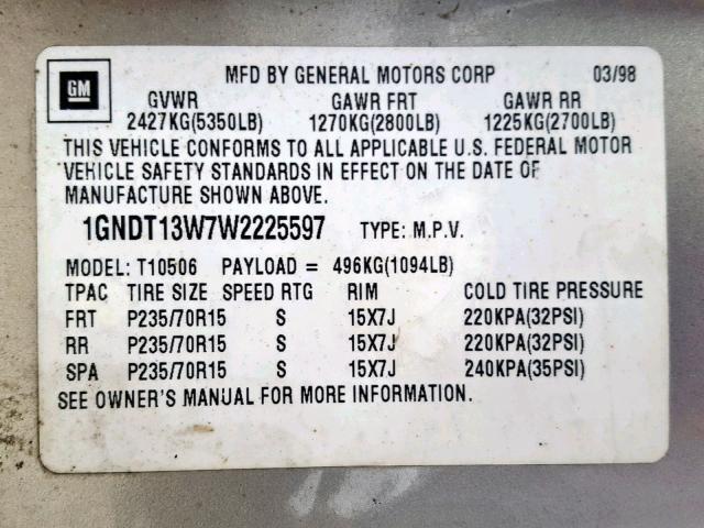 1GNDT13W7W2225597 - 1998 CHEVROLET BLAZER TAN photo 10