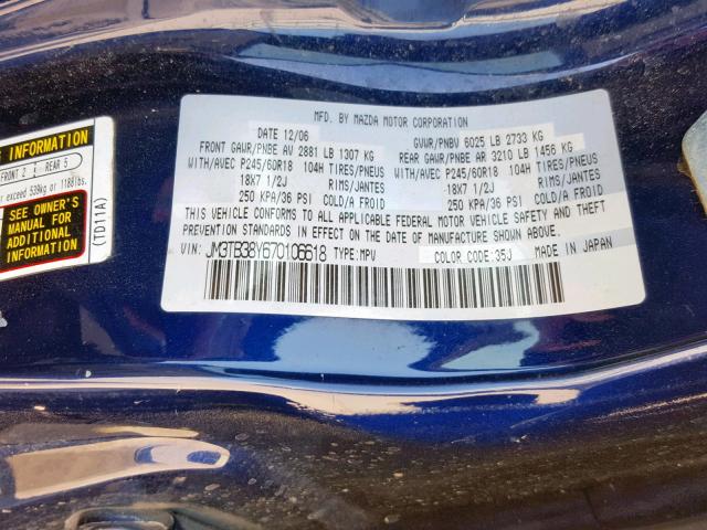 JM3TB38Y670106618 - 2007 MAZDA CX-9 BLUE photo 10