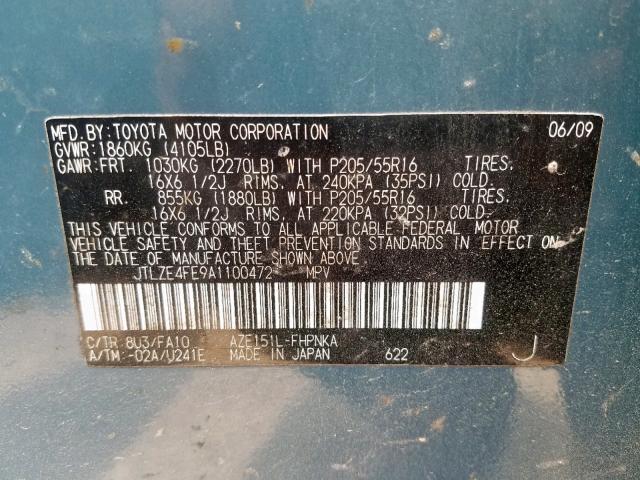 JTLZE4FE9A1100472 - 2010 TOYOTA SCION XB 青绿色 照片 10
