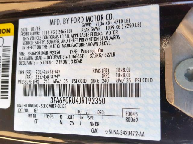 3FA6P0RU4JR192350 - 2018 FORD FUSION TIT BLACK photo 10